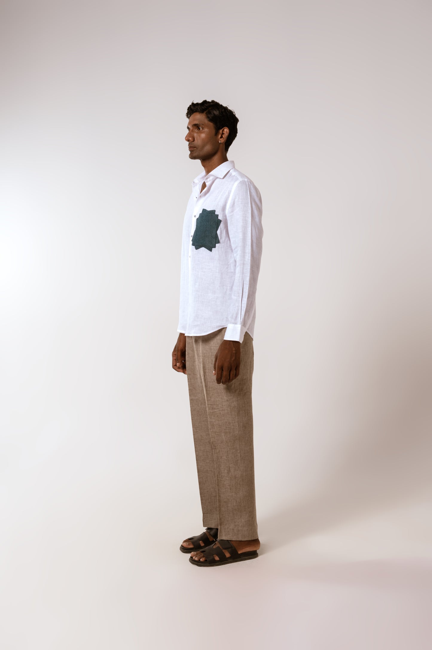 Denim Patch Linen Shirt In White