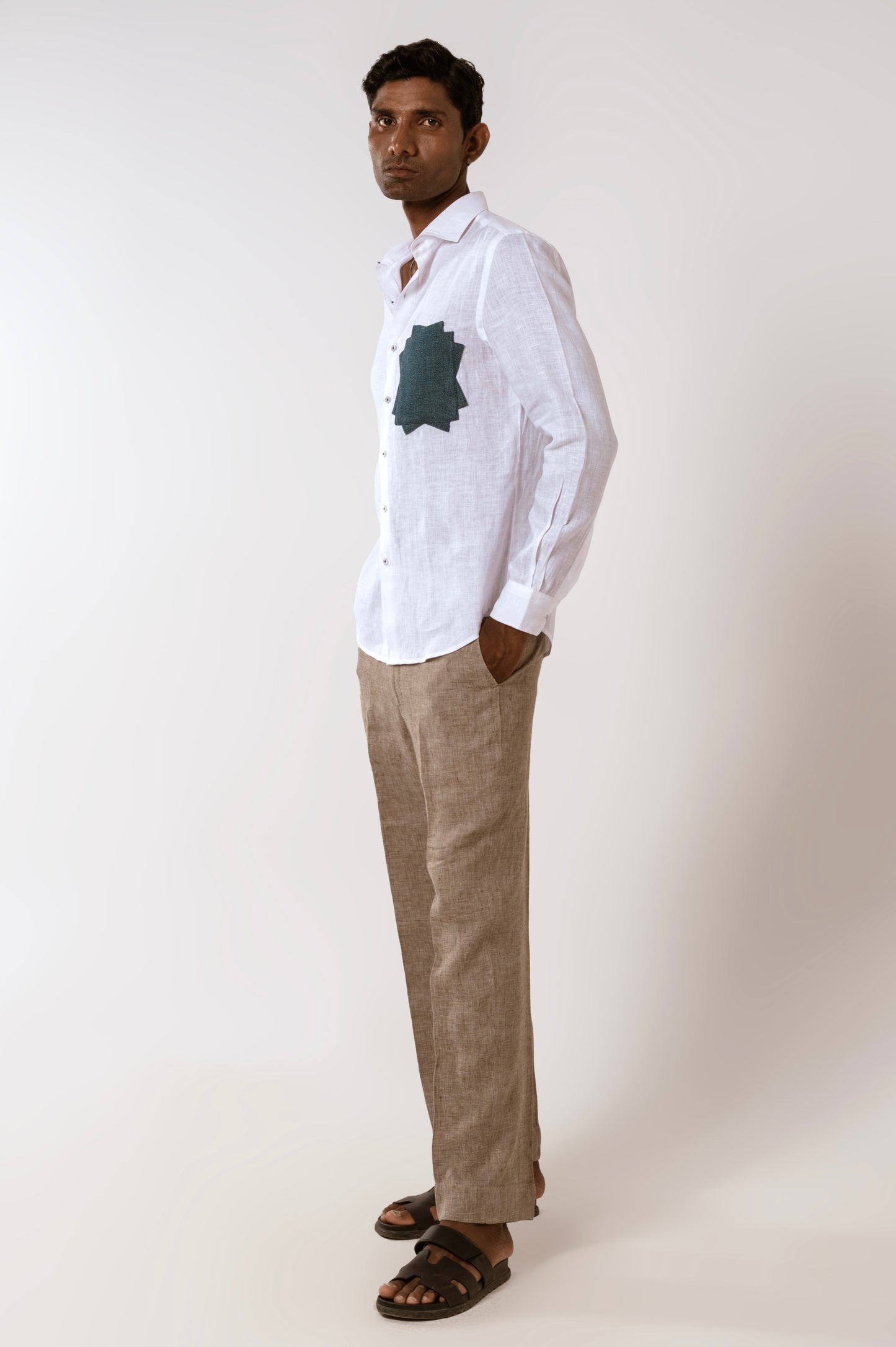 Denim Patch Linen Shirt In White