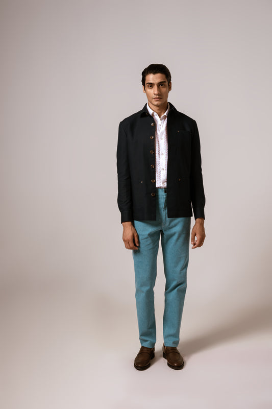 Worker Jacket In Navy Blue Cotton