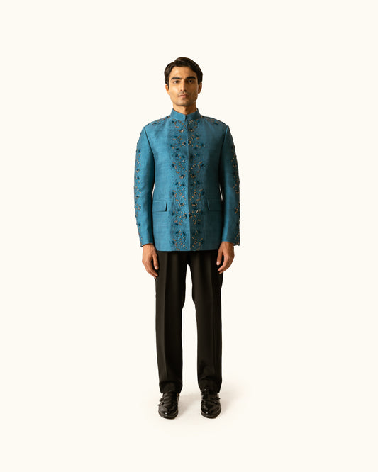 Indigo diesel Bandhgala in Raw Silk