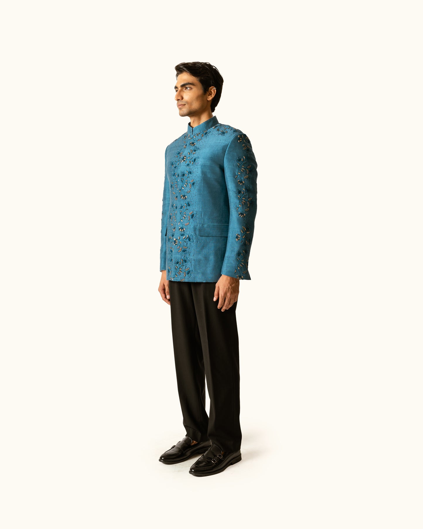 Indigo diesel Bandhgala in Raw Silk