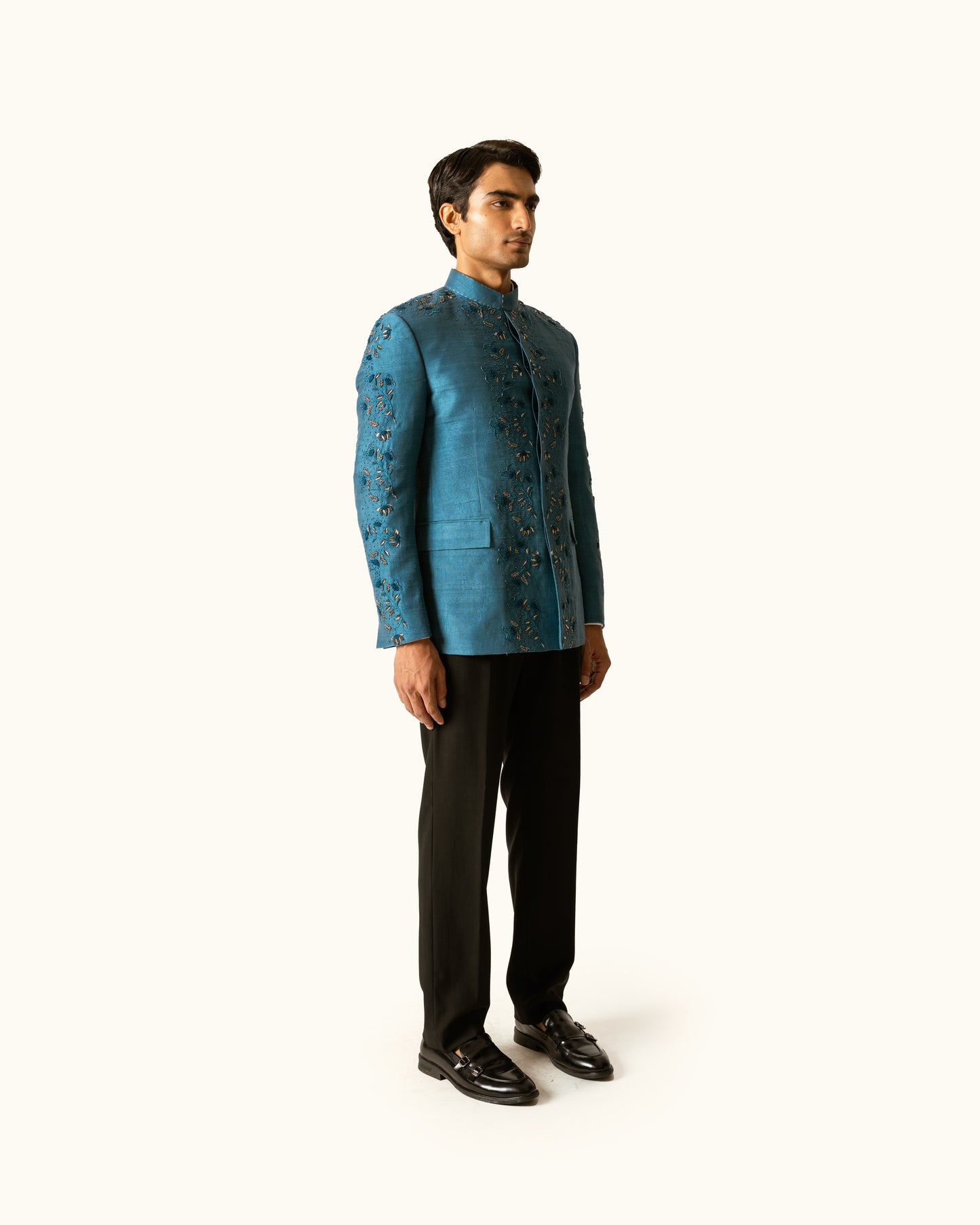 Indigo diesel Bandhgala in Raw Silk
