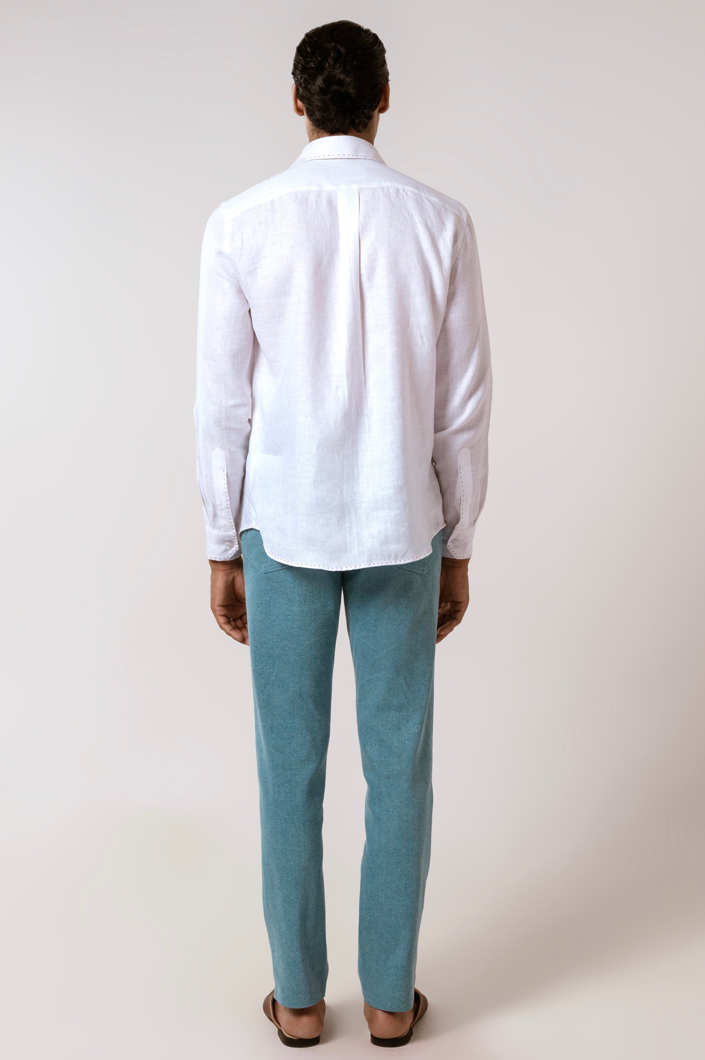 White Linen Shirt with Herringbone Pattern