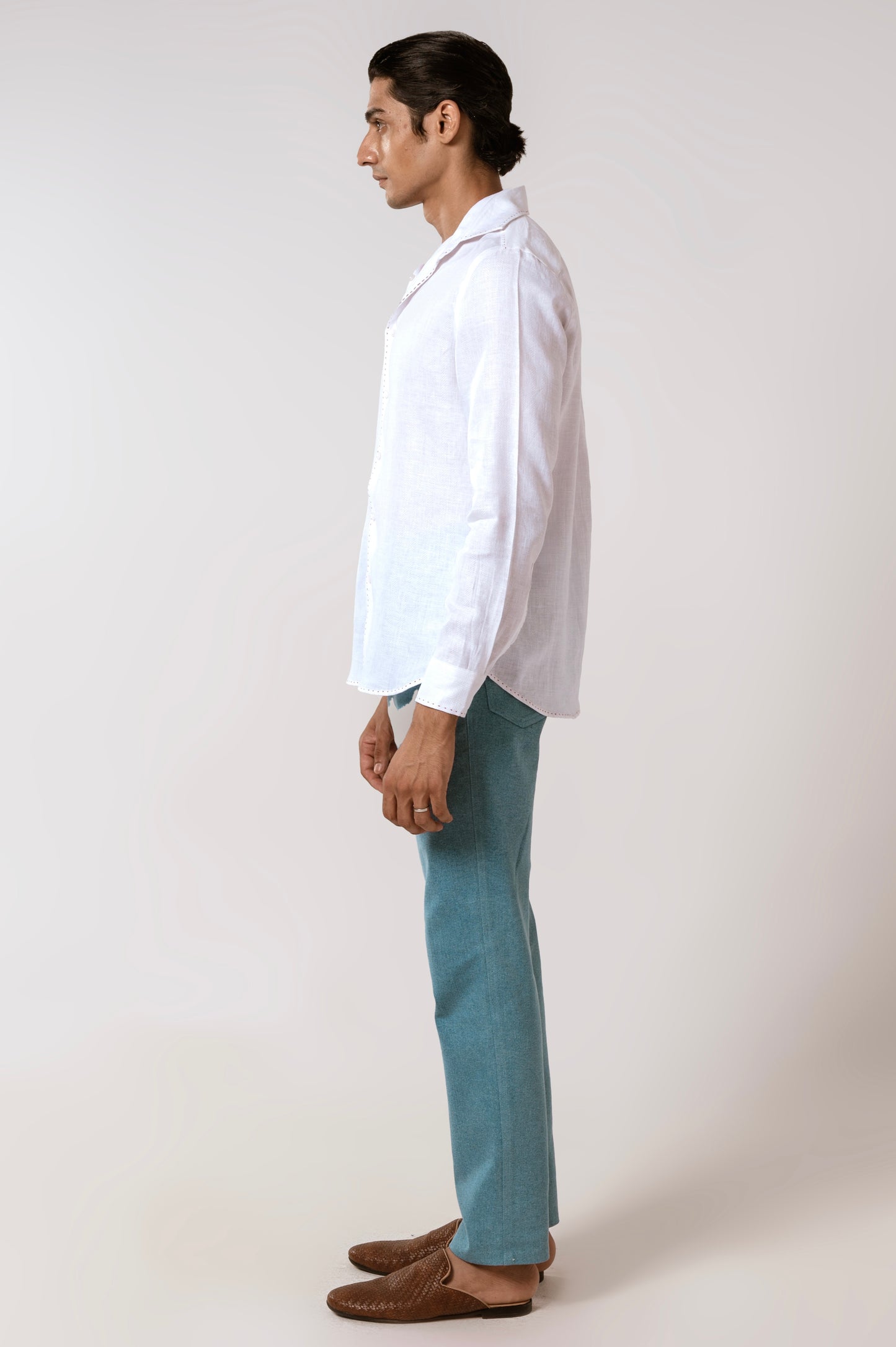 White Linen Shirt with Herringbone Pattern