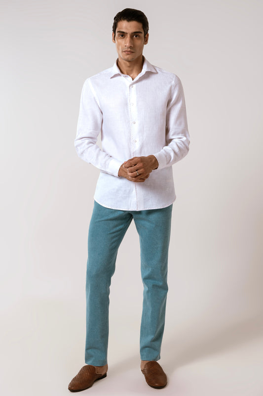 White Linen Shirt with Herringbone Pattern