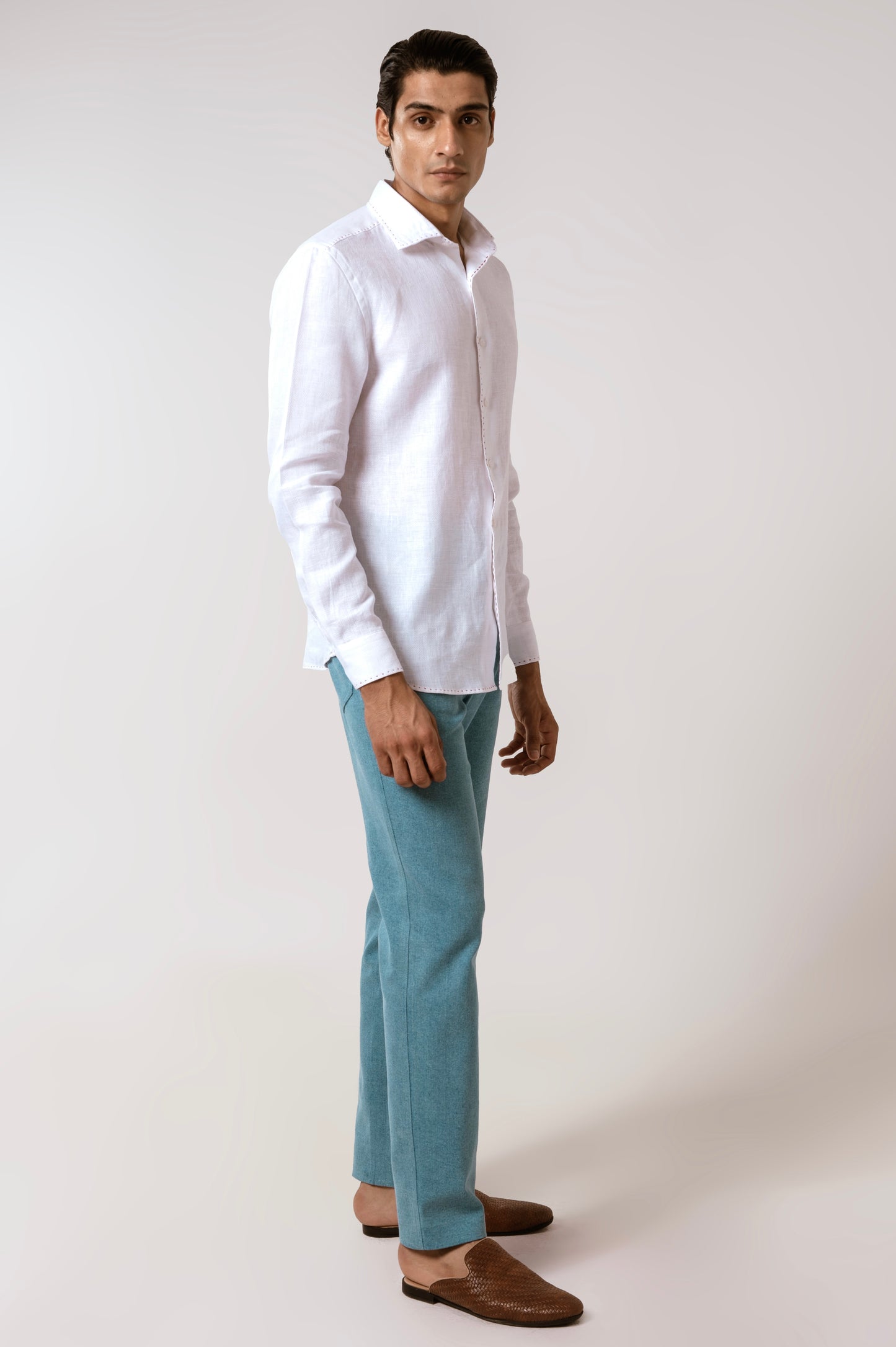 White Linen Shirt with Herringbone Pattern