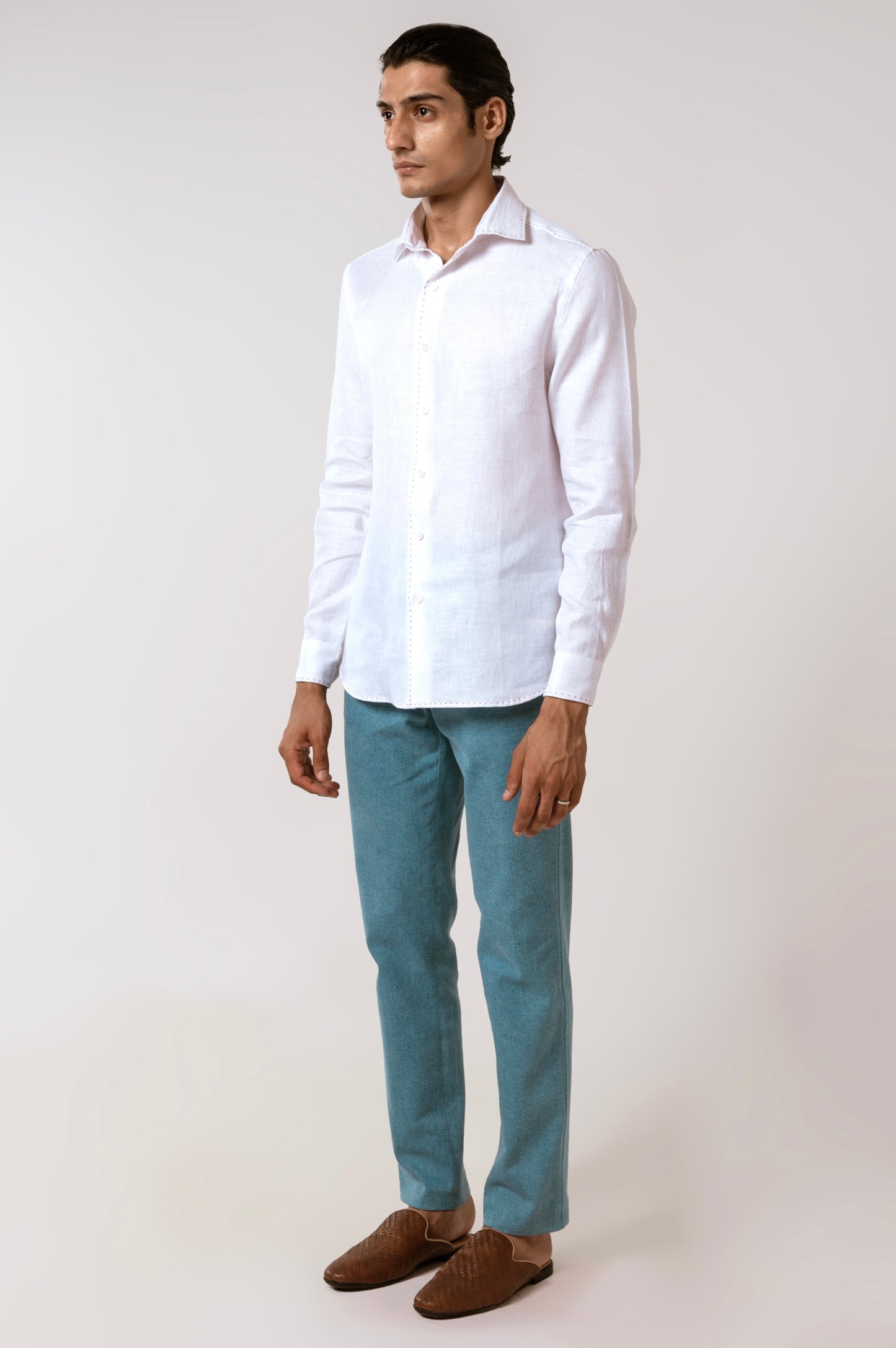 White Linen Shirt with Herringbone Pattern
