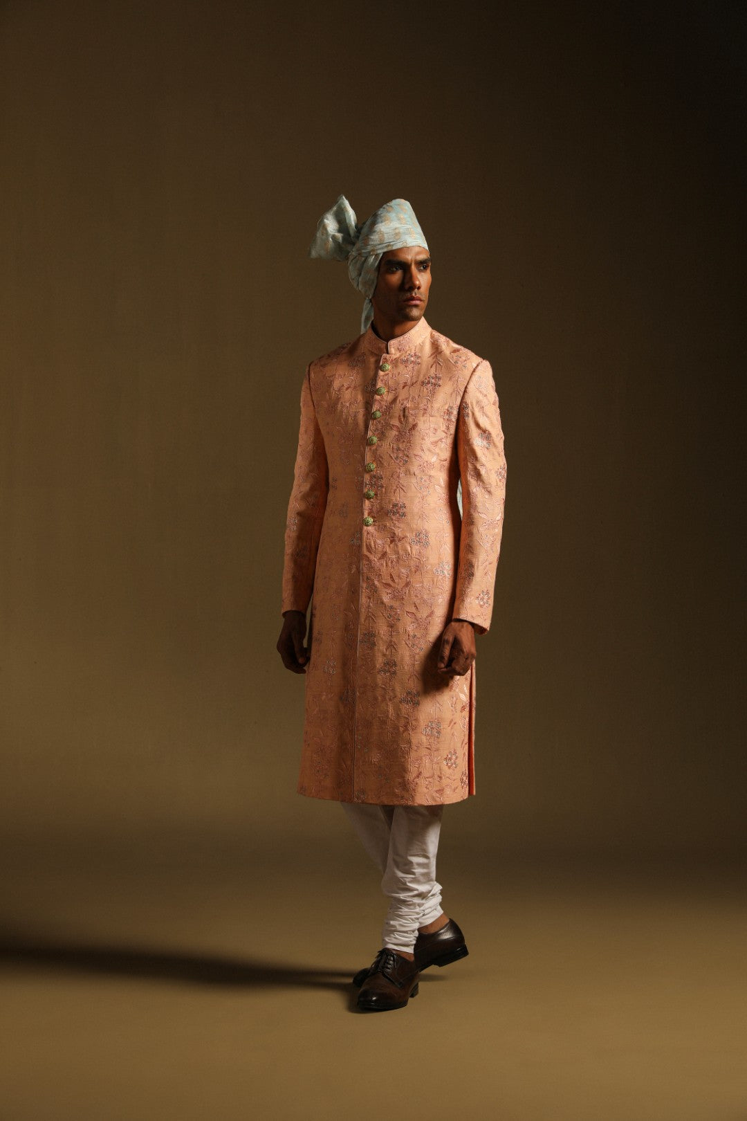Blush Peach Embroidered Achkan in Mulberry Silk