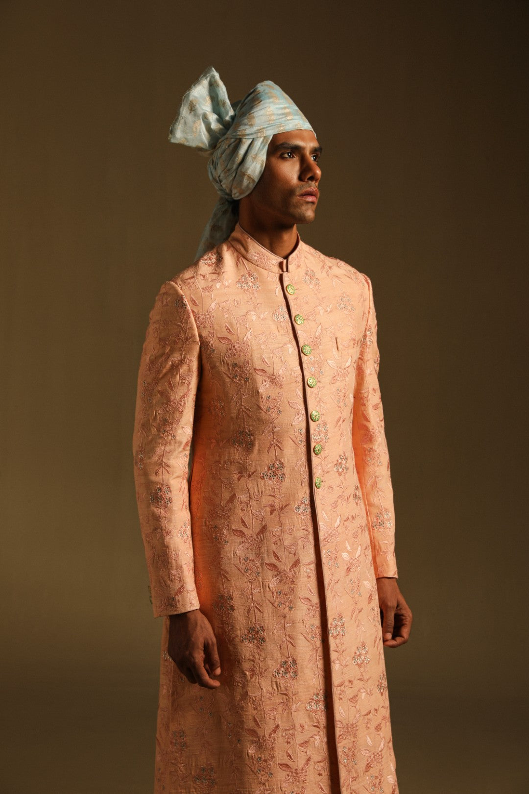 Blush Peach Embroidered Achkan in Mulberry Silk