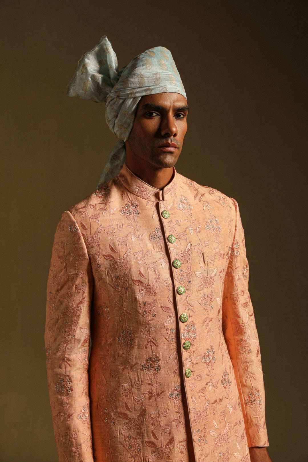 Blush Peach Embroidered Achkan in Mulberry Silk