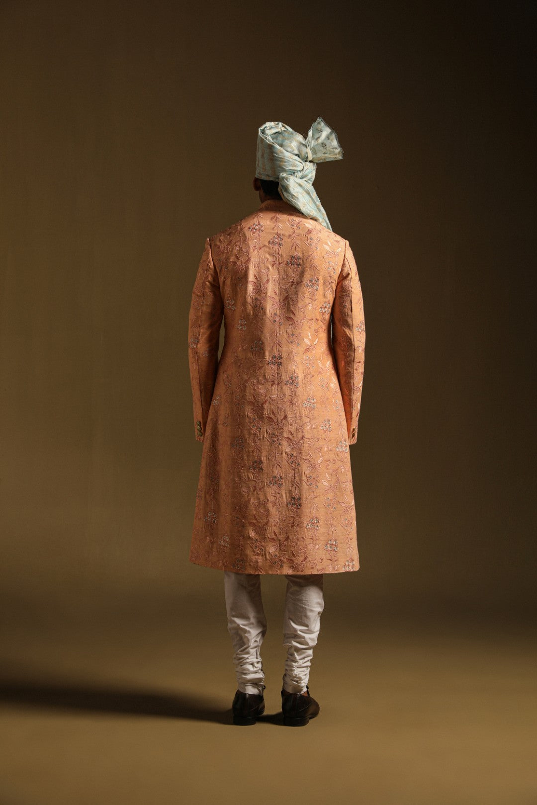 Blush Peach Embroidered Achkan in Mulberry Silk
