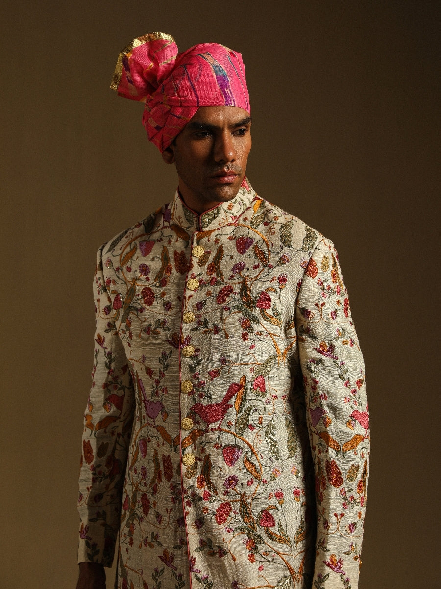 Cream And Pink Emroidered Achkan