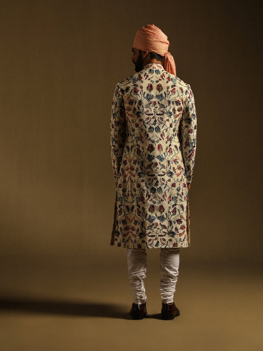 Cream Embroidered Achkan With Floral Motifs  in Mulberry Silk