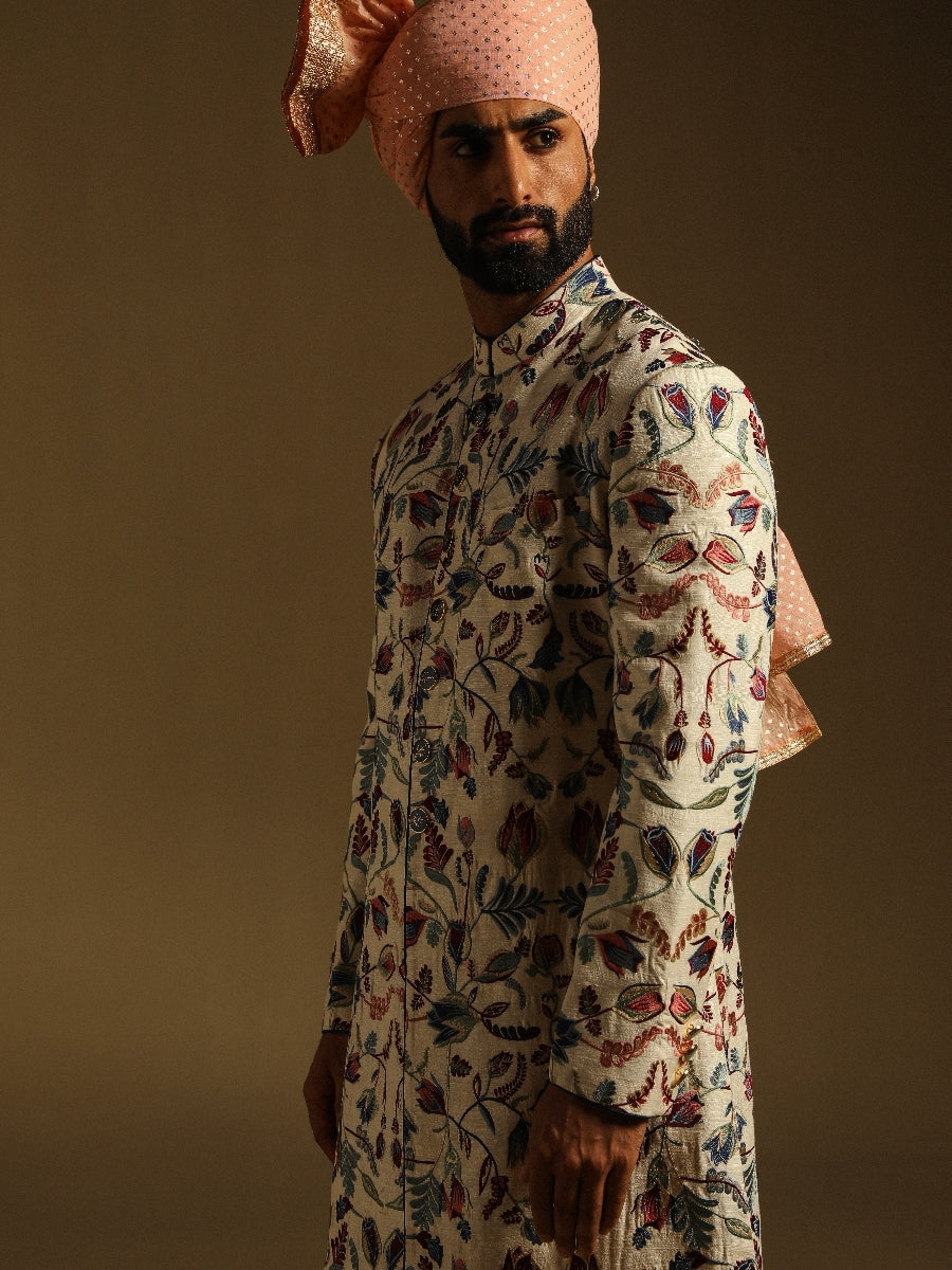 Cream Embroidered Achkan With Floral Motifs  in Mulberry Silk