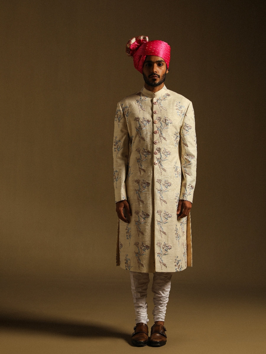 Cream Achkan With Pastel Embroidery