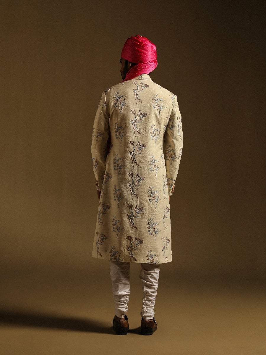 Cream Achkan With Pastel Embroidery
