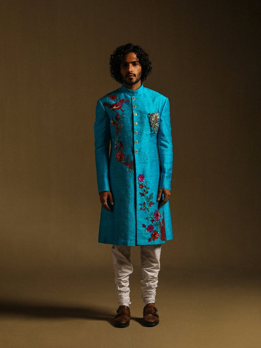 Blue Achkan with Embroidered Motifs