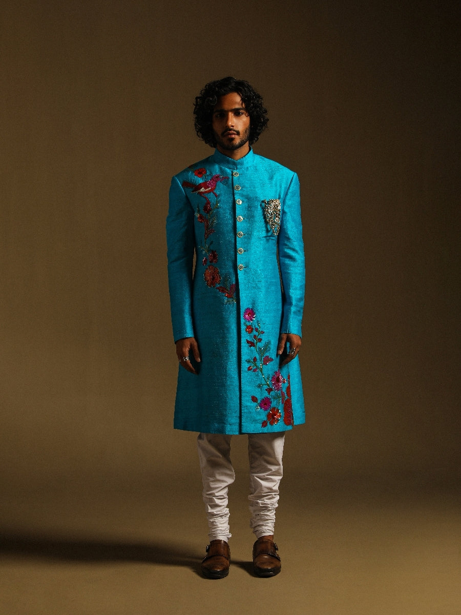 Blue Achkan With Embroidered Motifs