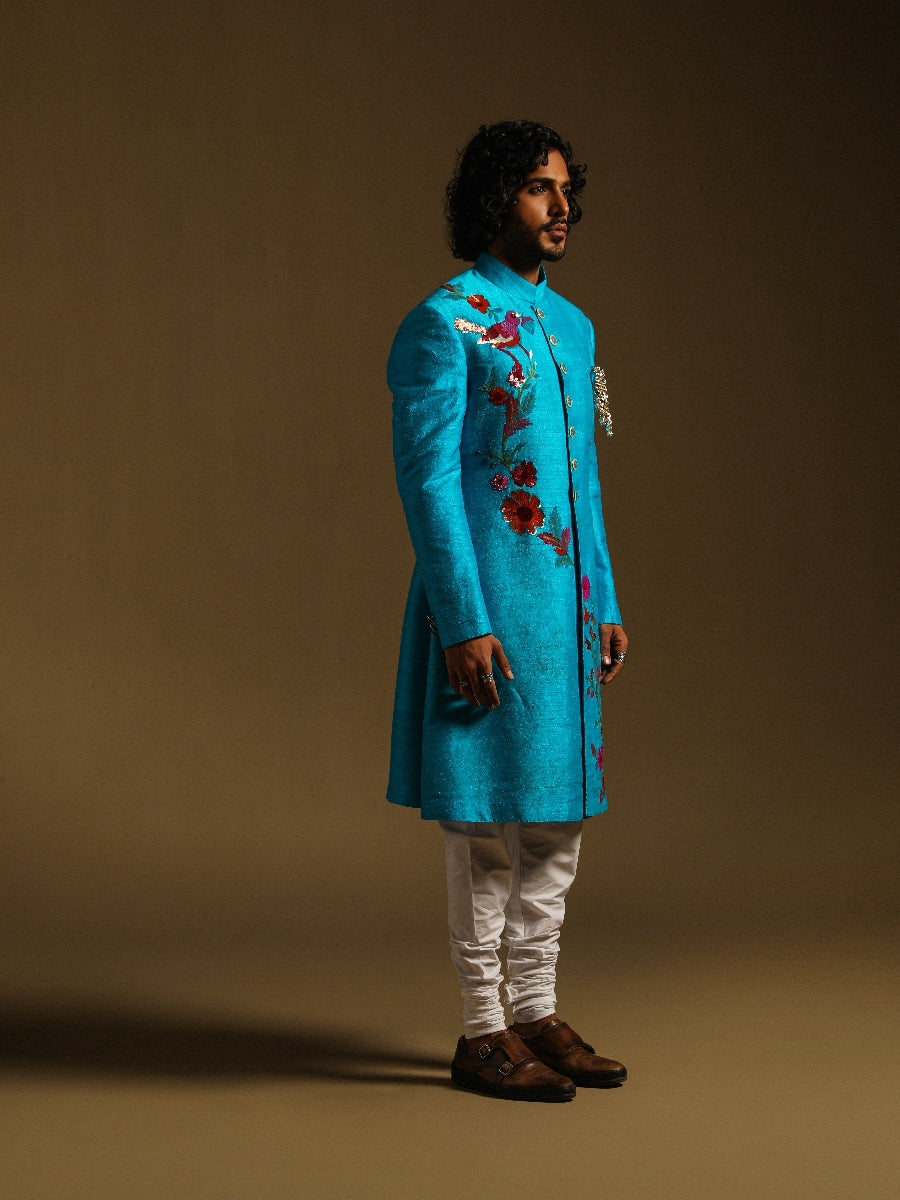 Blue Achkan With Embroidered Motifs