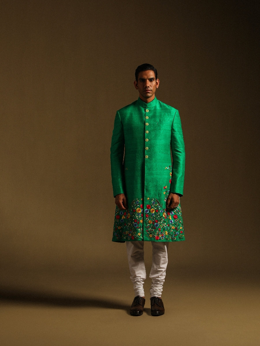 Green Achkan With Floral Motif Embroidery
