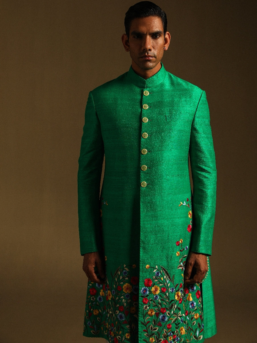 Green Achkan With Floral Motif Embroidery