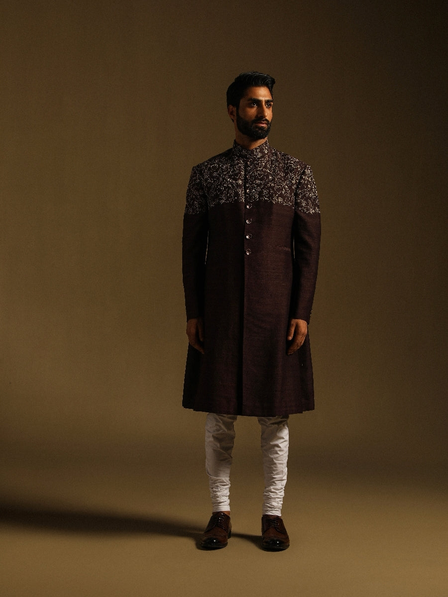 Brown Achkan With Strawberry Motif Emroidery