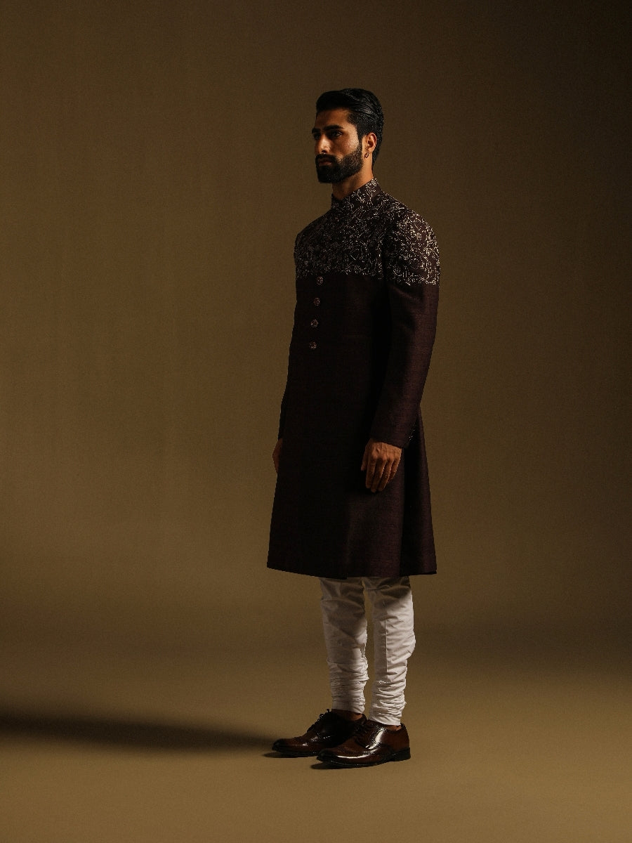 Brown Achkan With Strawberry Motif Emroidery