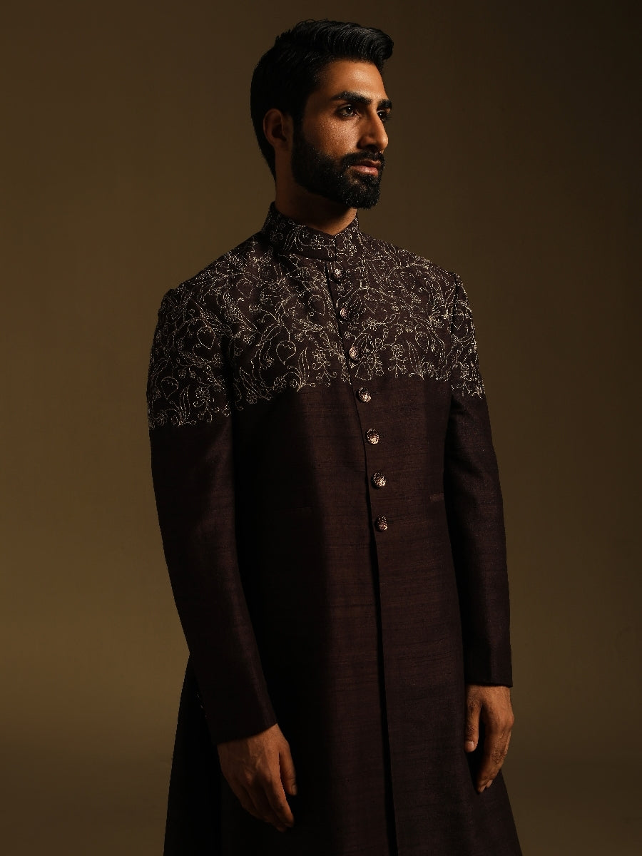 Brown Achkan With Strawberry Motif Emroidery