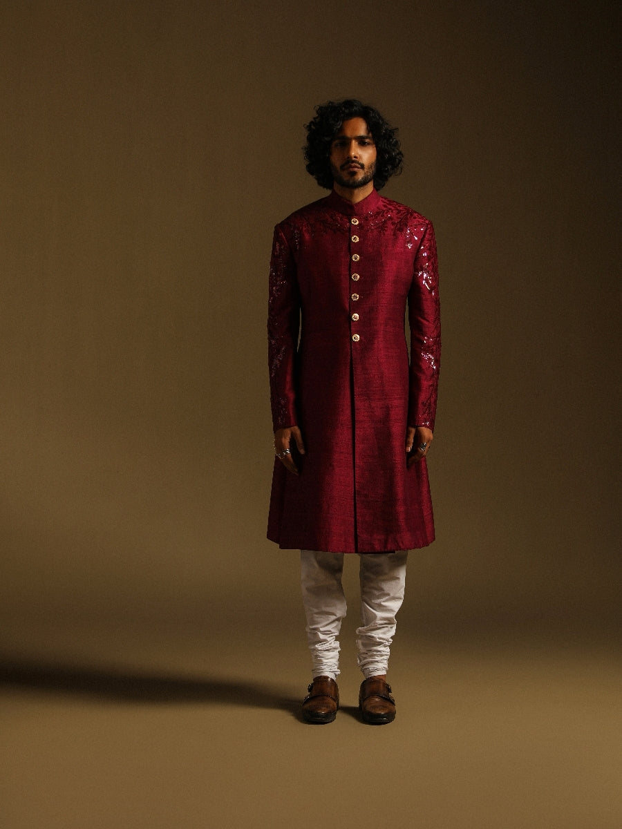 Maroon Achkan With Monocromatic Sequin Work