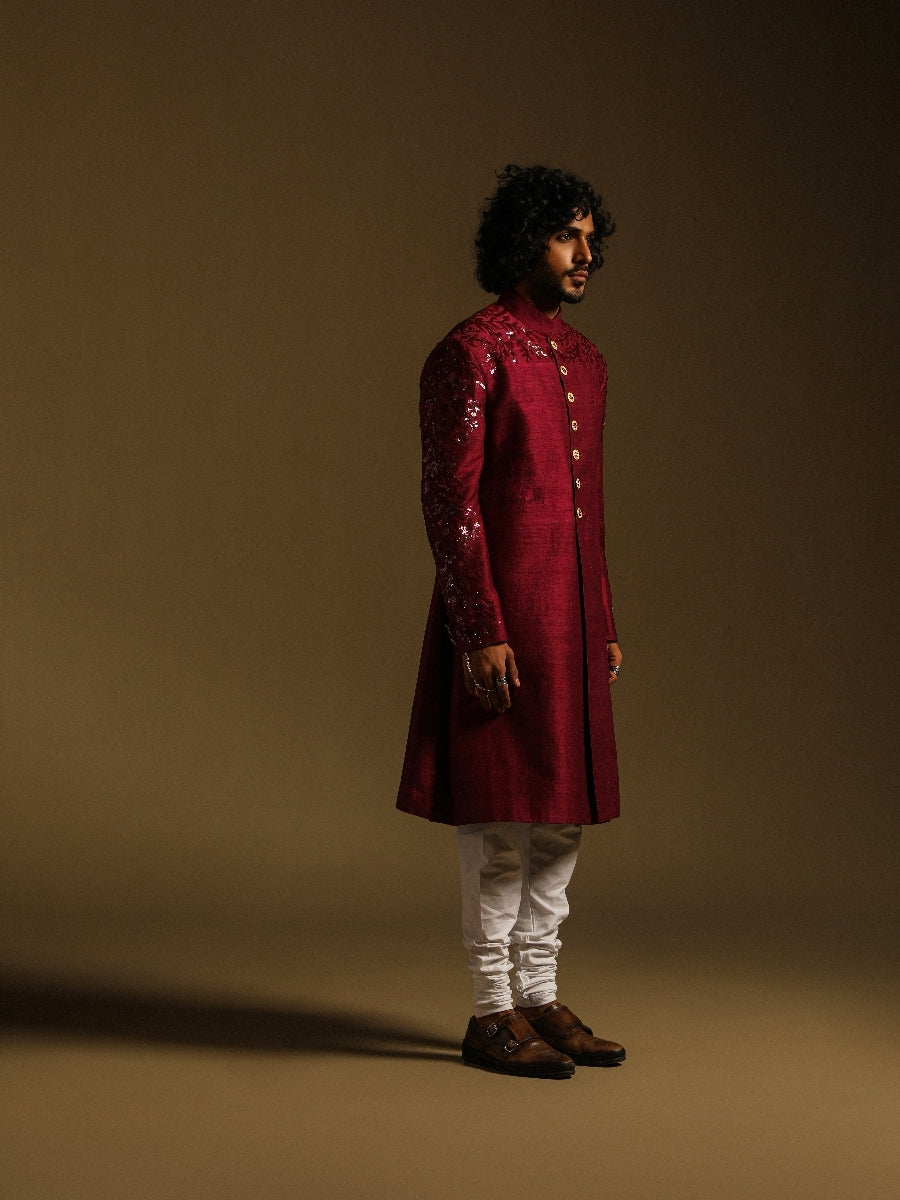 Maroon Achkan With Monocromatic Sequin Work