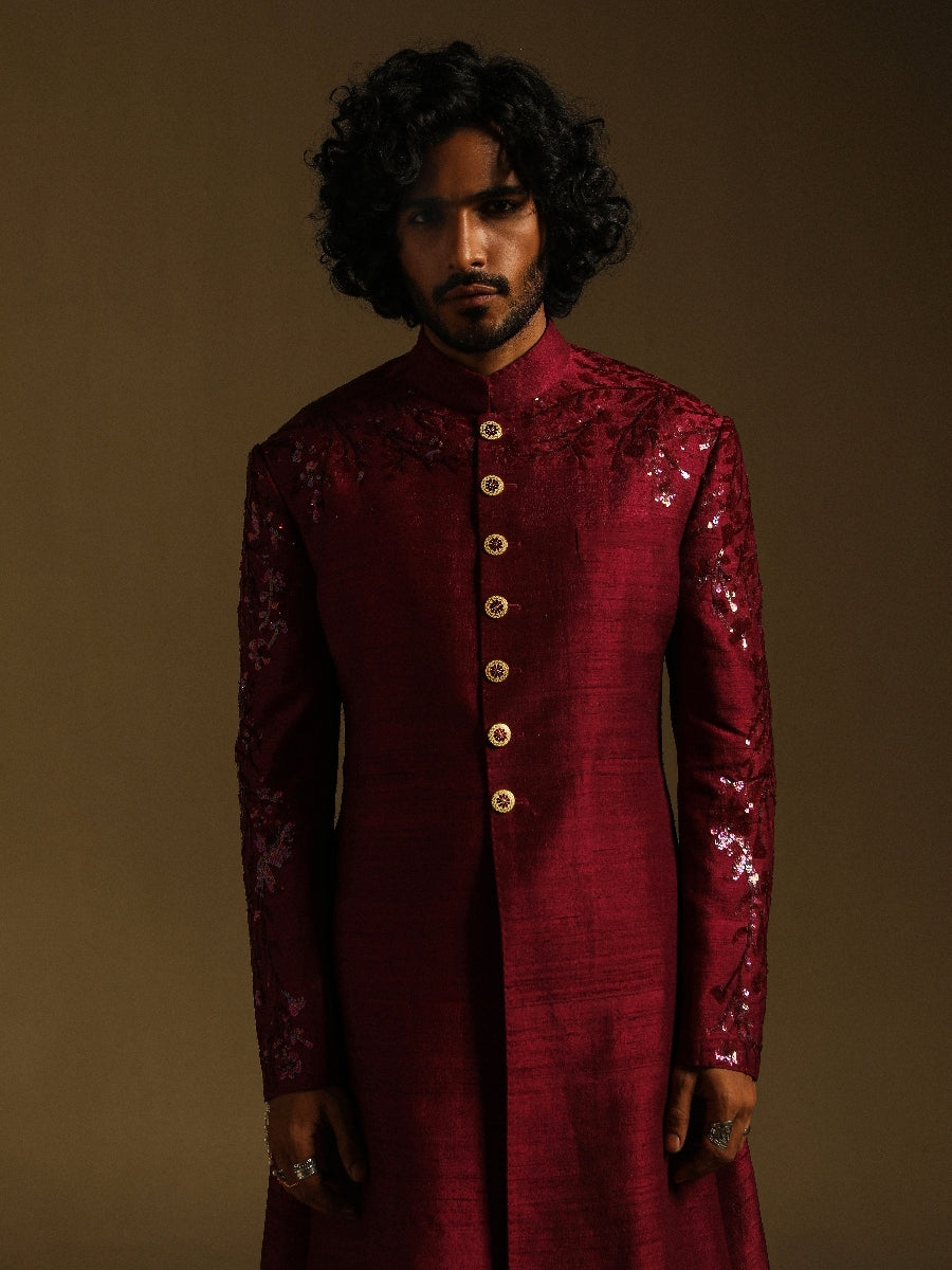 Maroon Achkan With Monocromatic Sequin Work