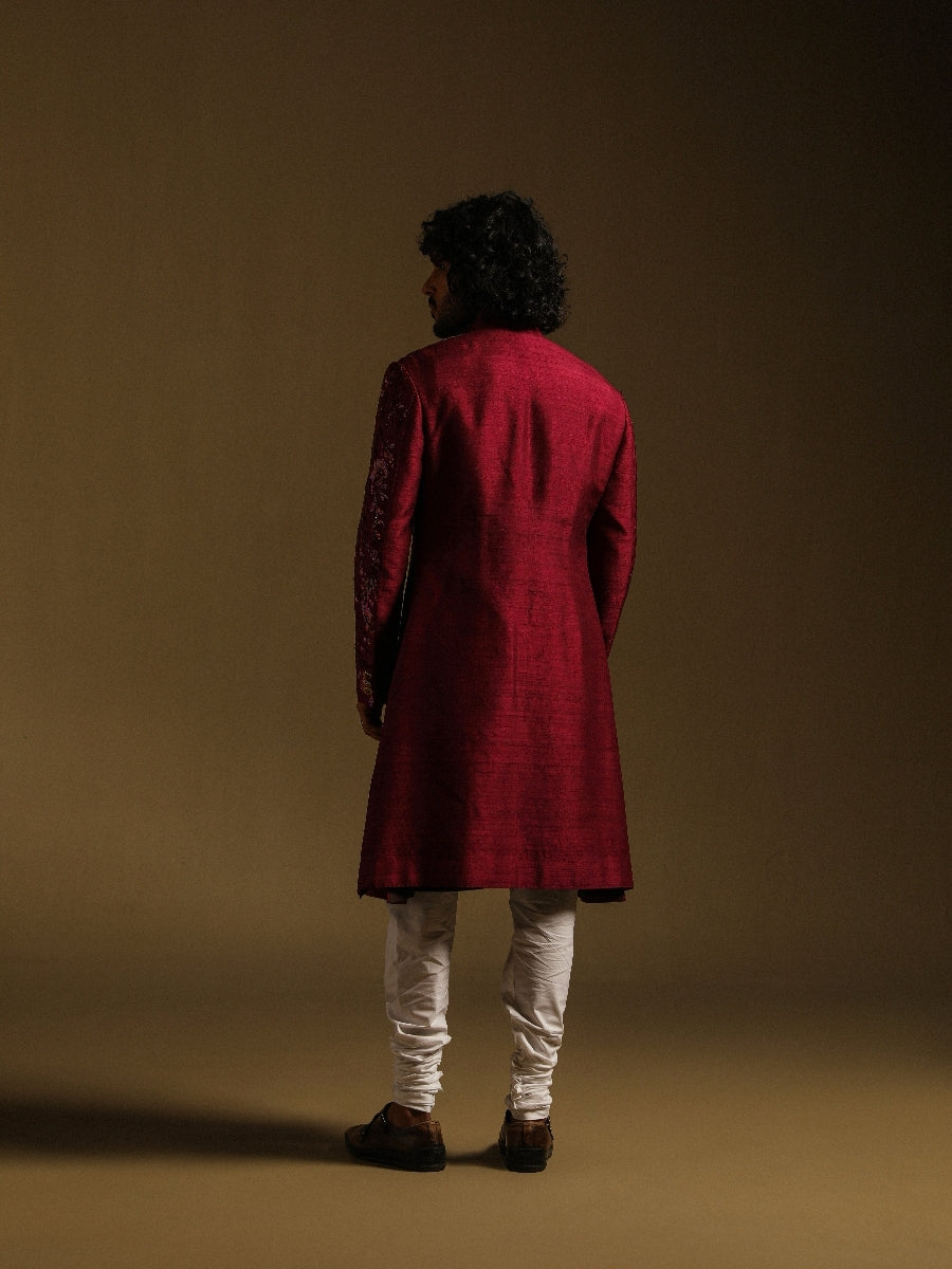 Maroon Achkan With Monocromatic Sequin Work