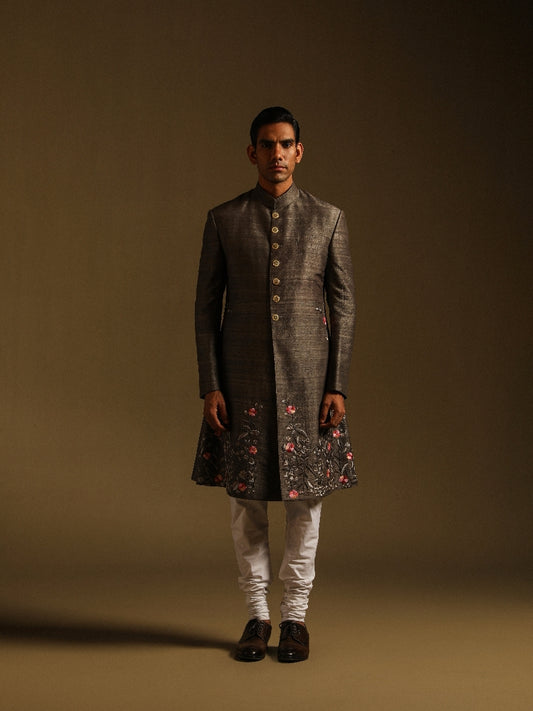 Grey Achkan with Floral Motif Embroidery