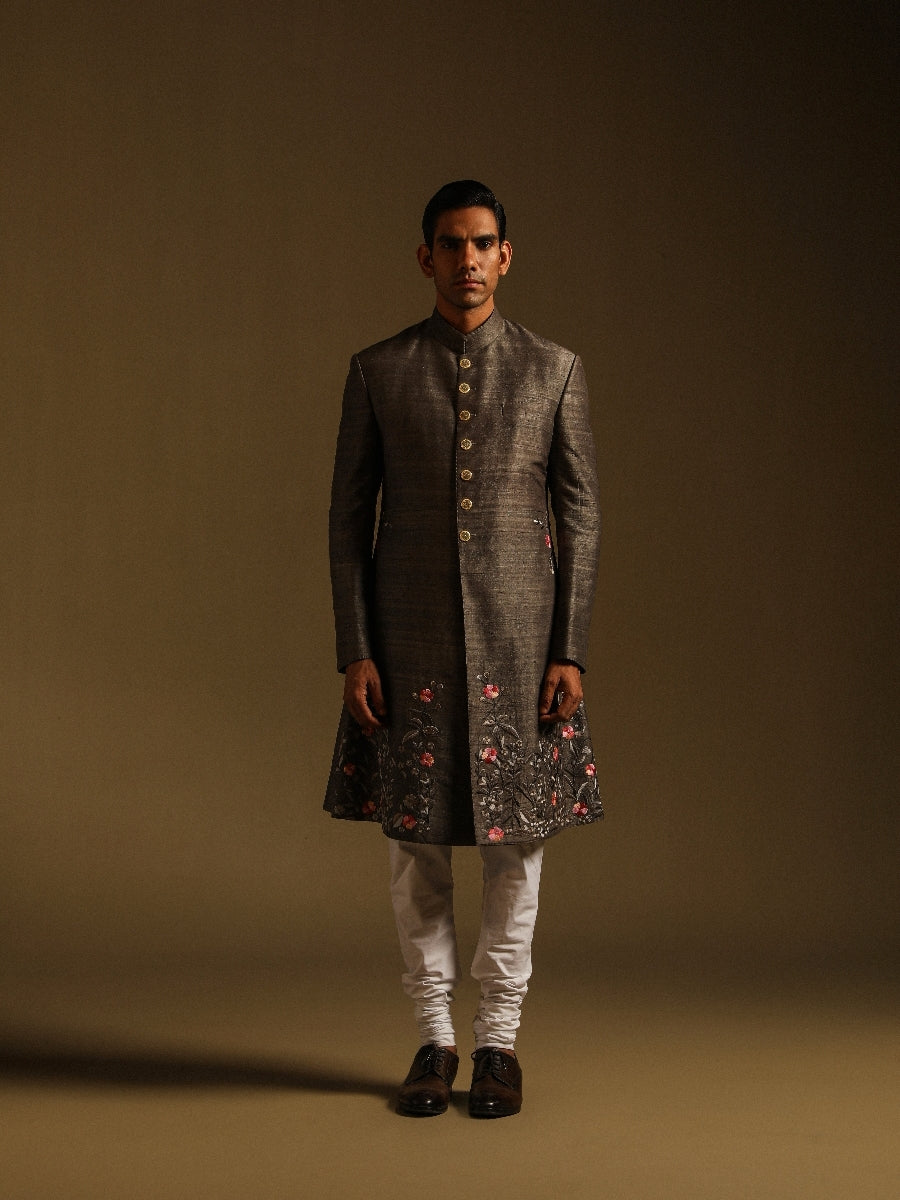 Grey Achkan With Floral Motif Embroidery
