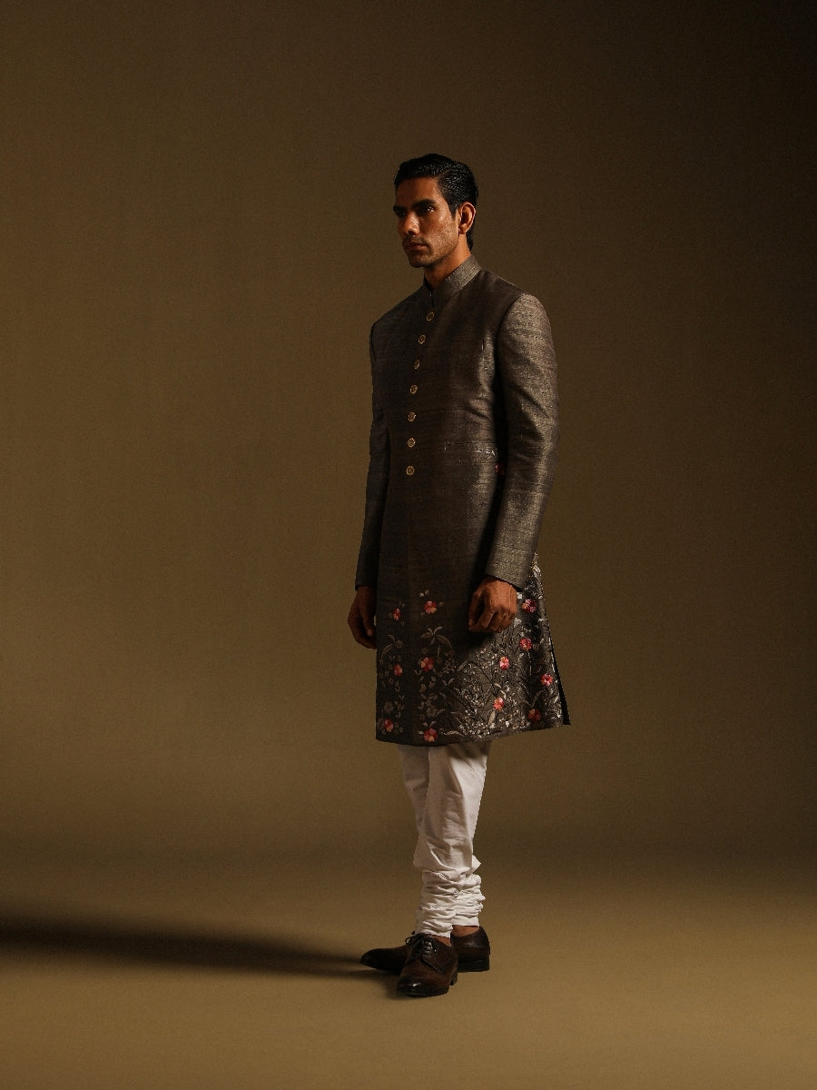 Grey Achkan With Floral Motif Embroidery
