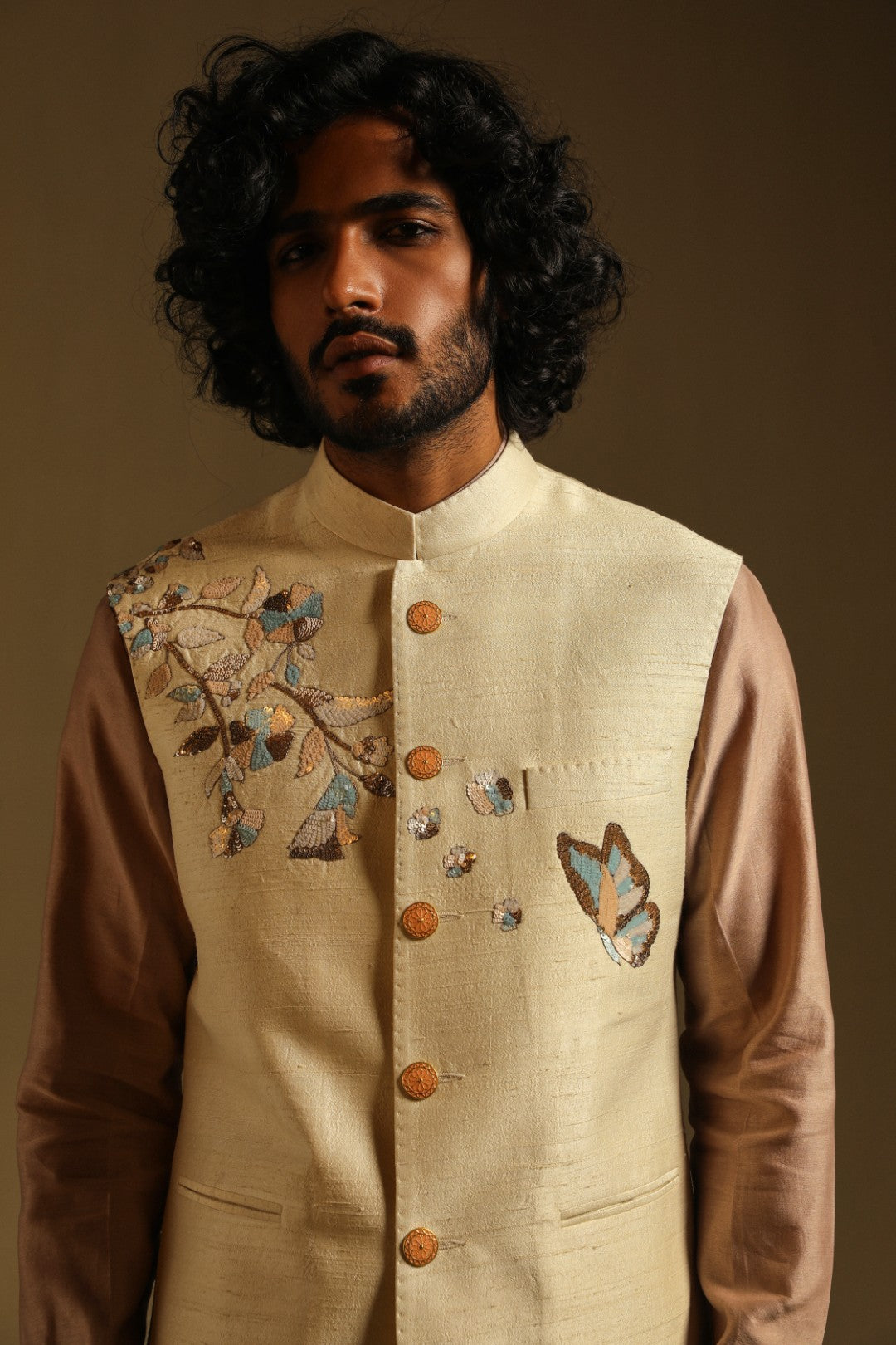Cream Butterfly Sequined Sadri in Raw Silk