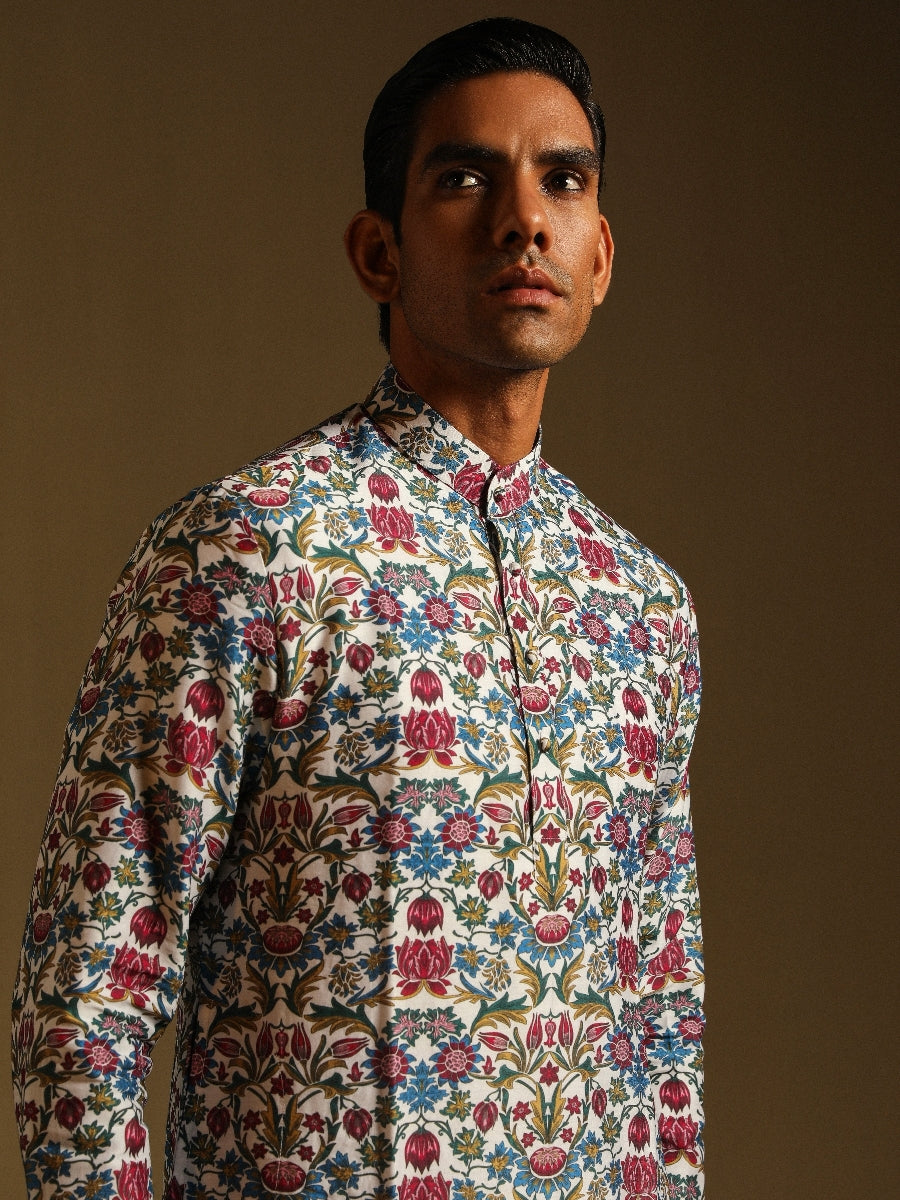 White Floral Printed Kurta & Pajama