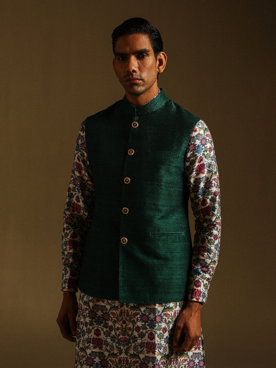 Green Sadri With Meenakari Buttons