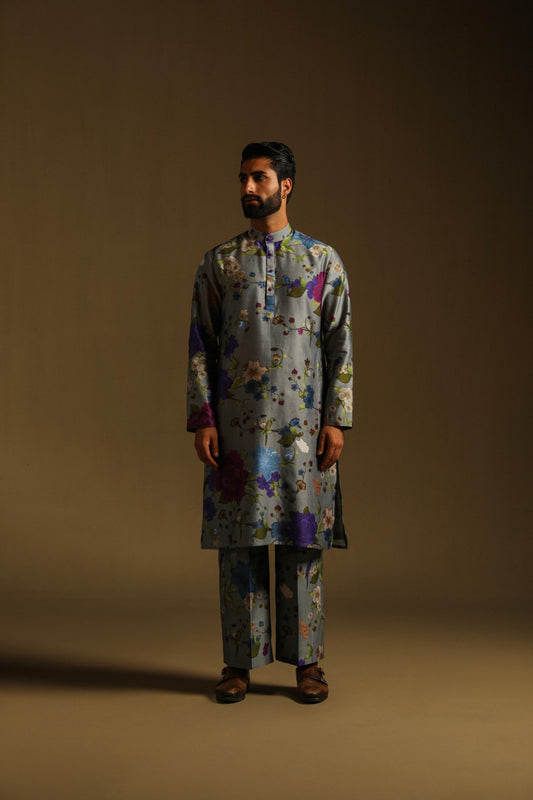 Ash Grey Floral Kurta & Pyjama