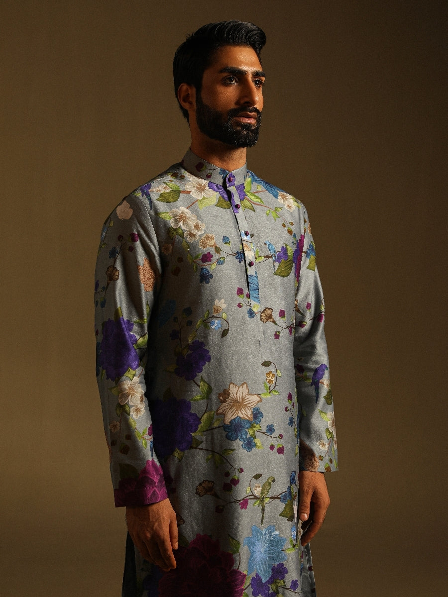 Grey Flower Printed Kurta & Pajama