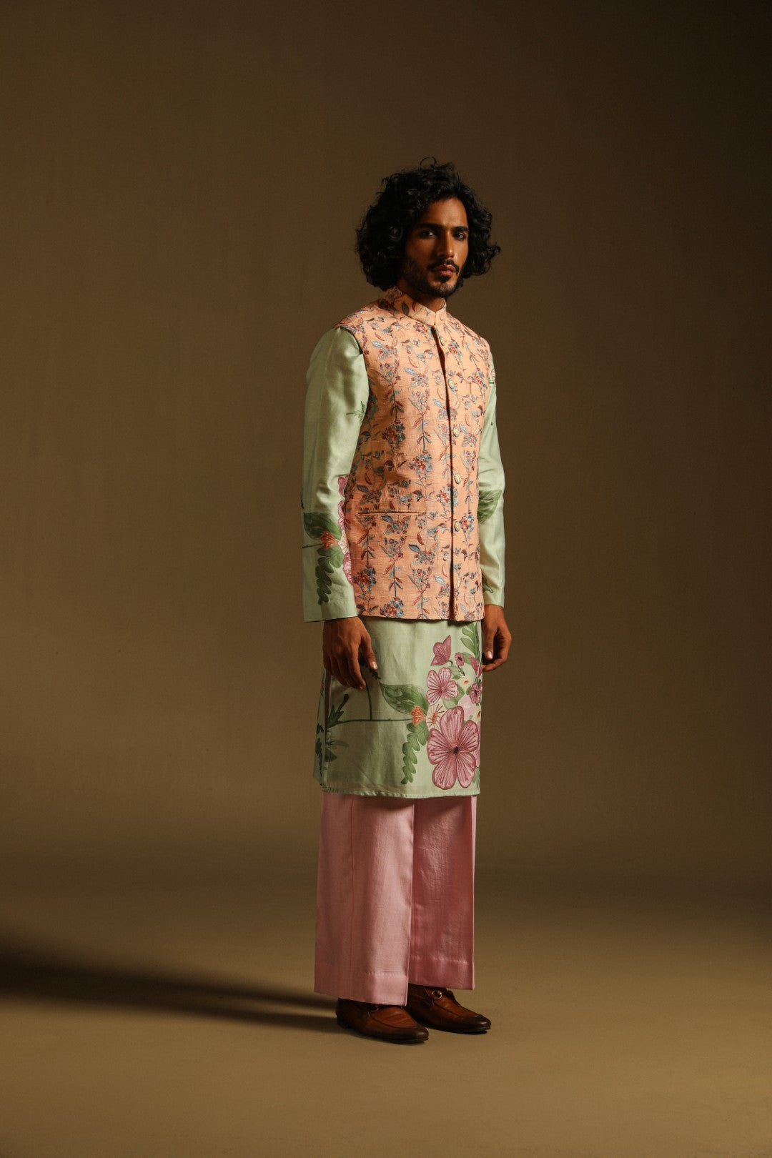 Peach thread Embroidered Sadri
