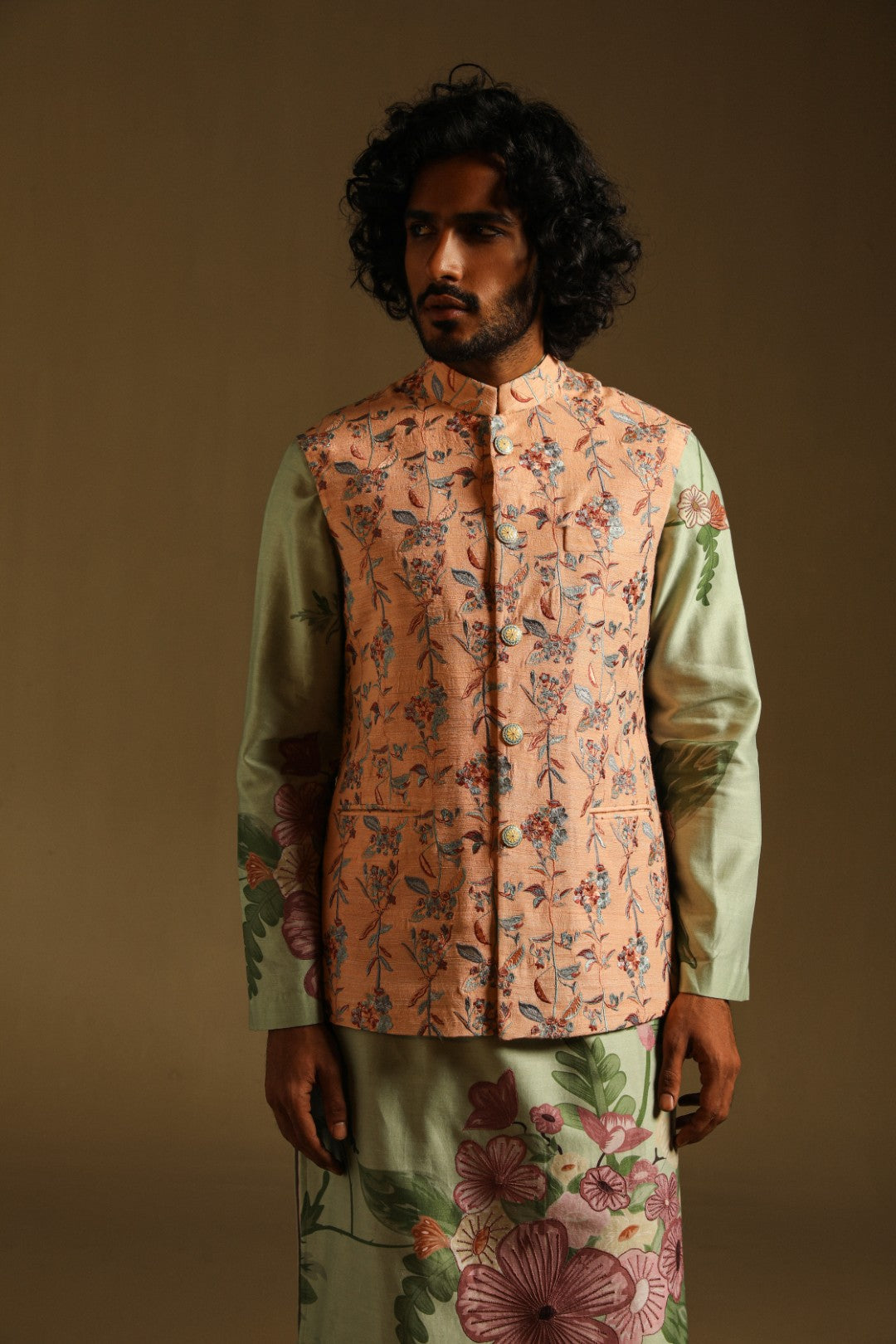 Peach thread Embroidered Sadri