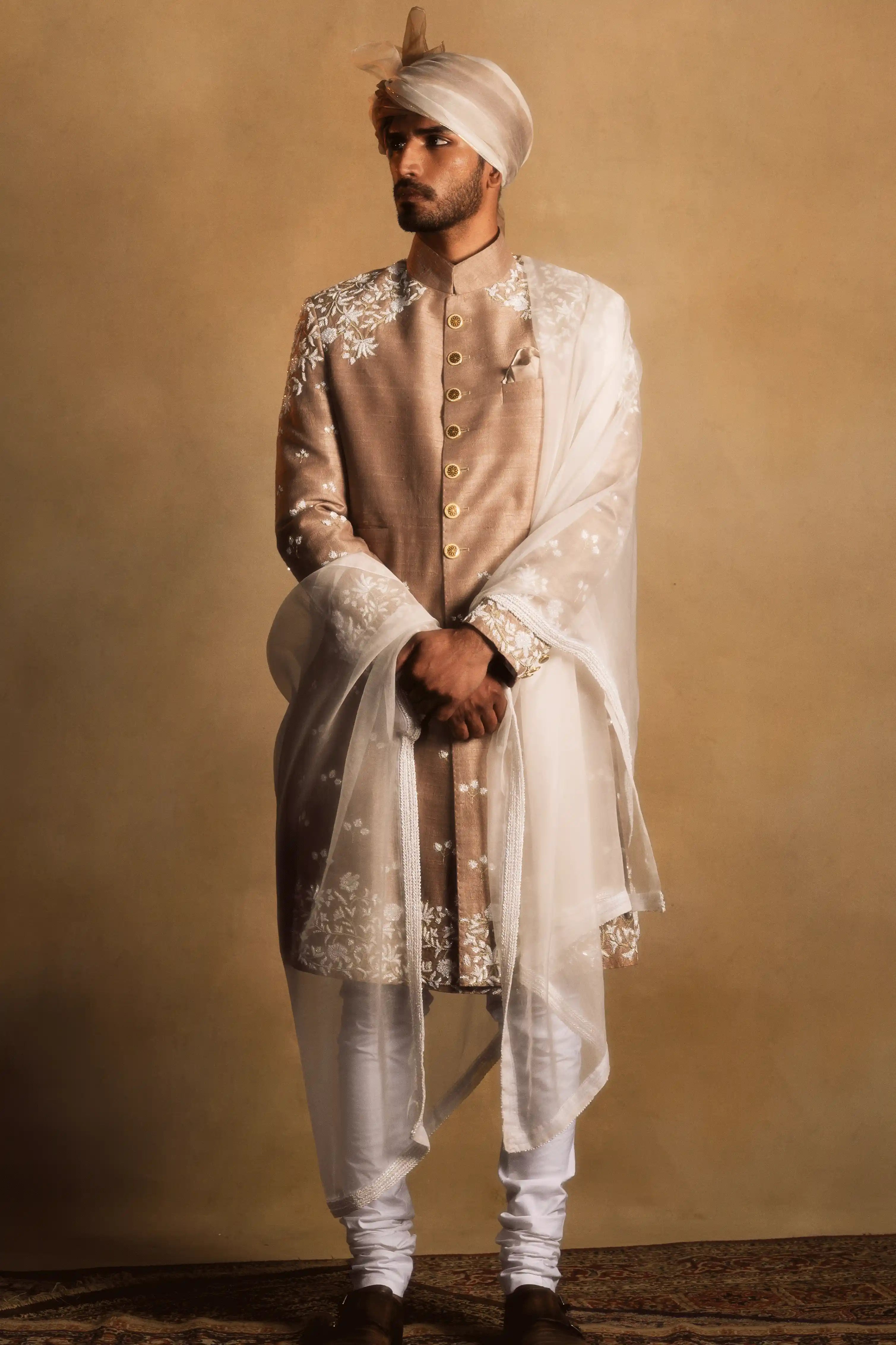 Champagne Gold Embroidered Achkan in Raw Silk