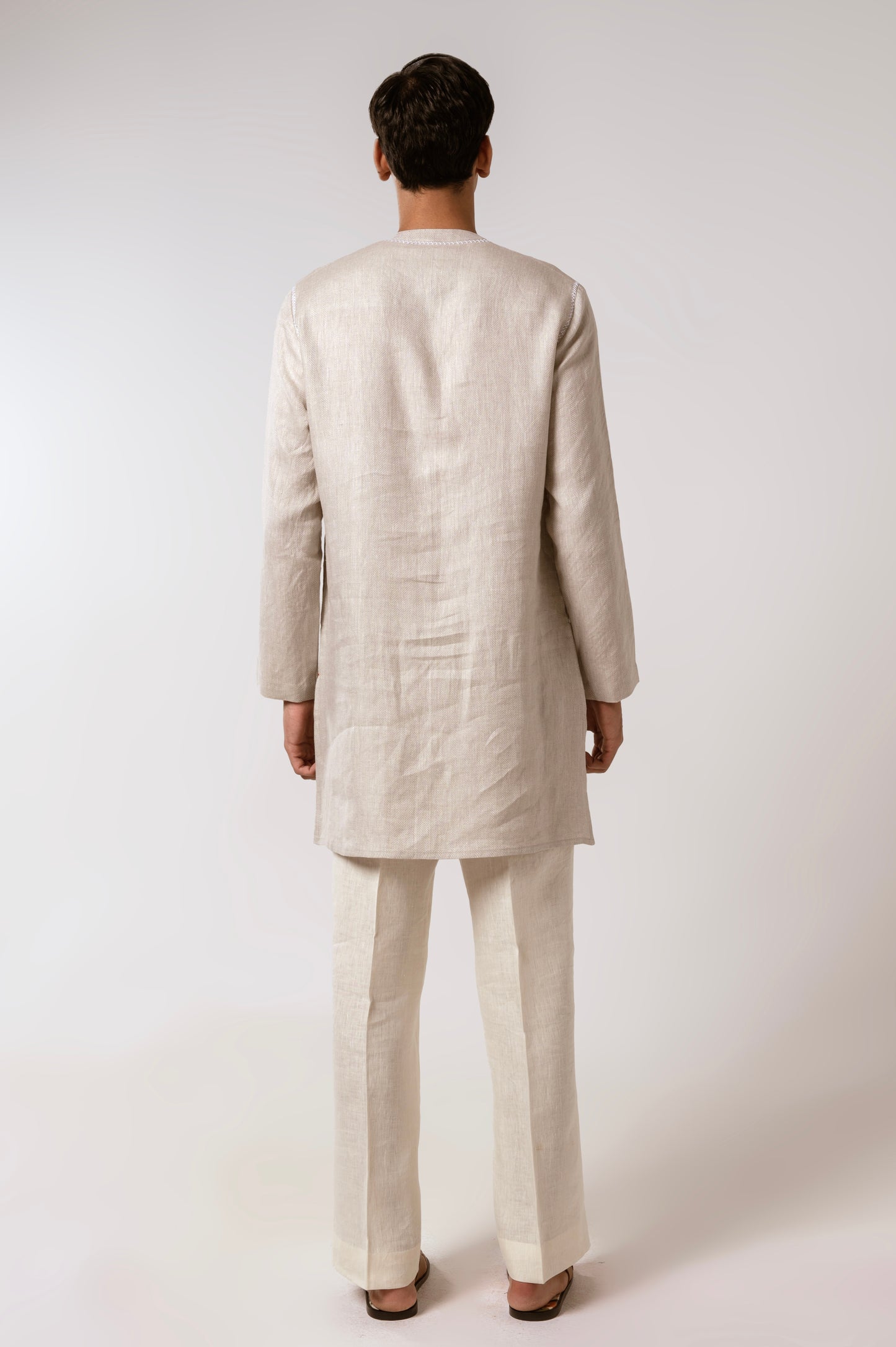 Oatmeal Herringbone Linen Kurta Set