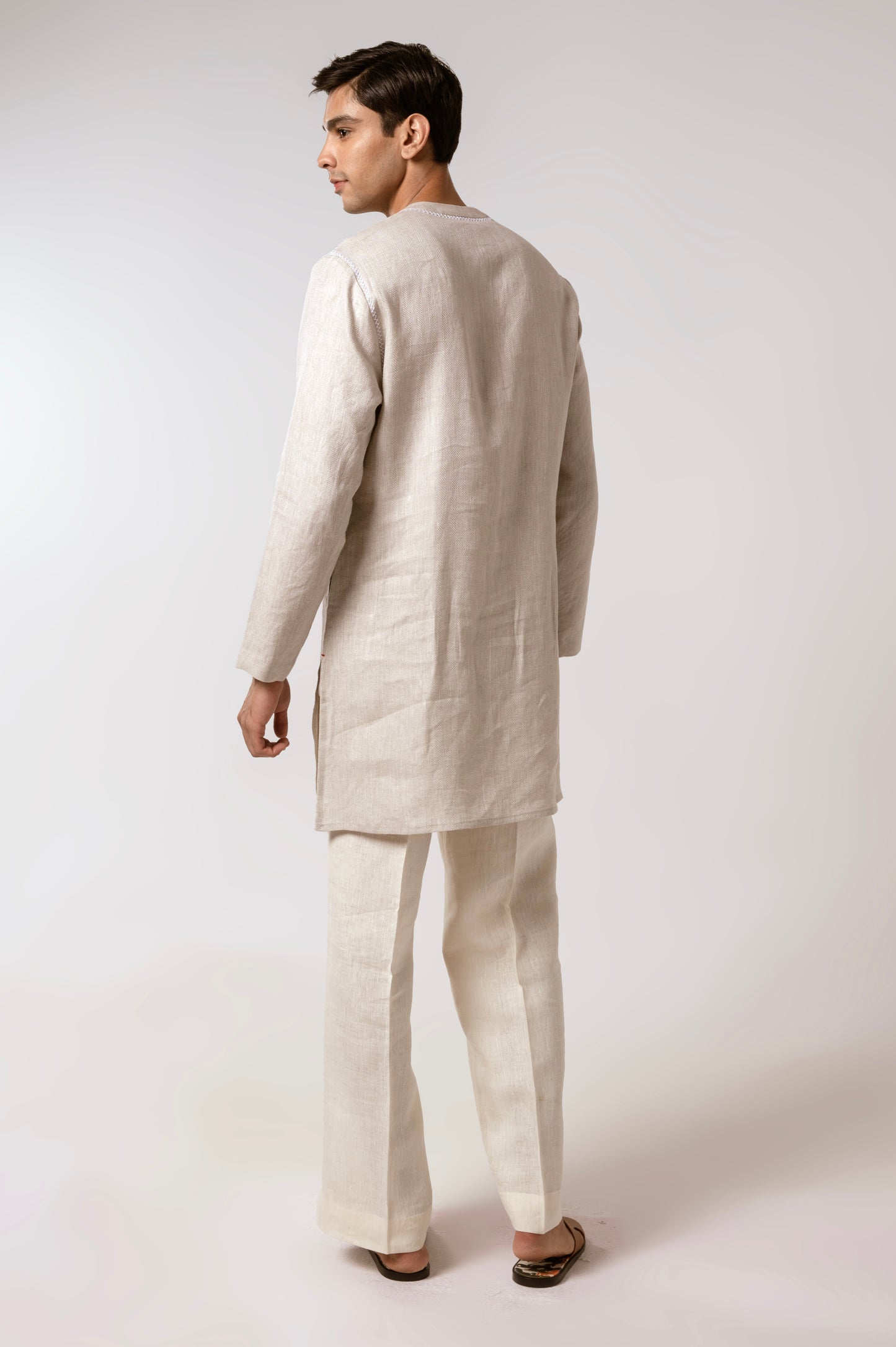 Oatmeal Herringbone Linen Kurta Set