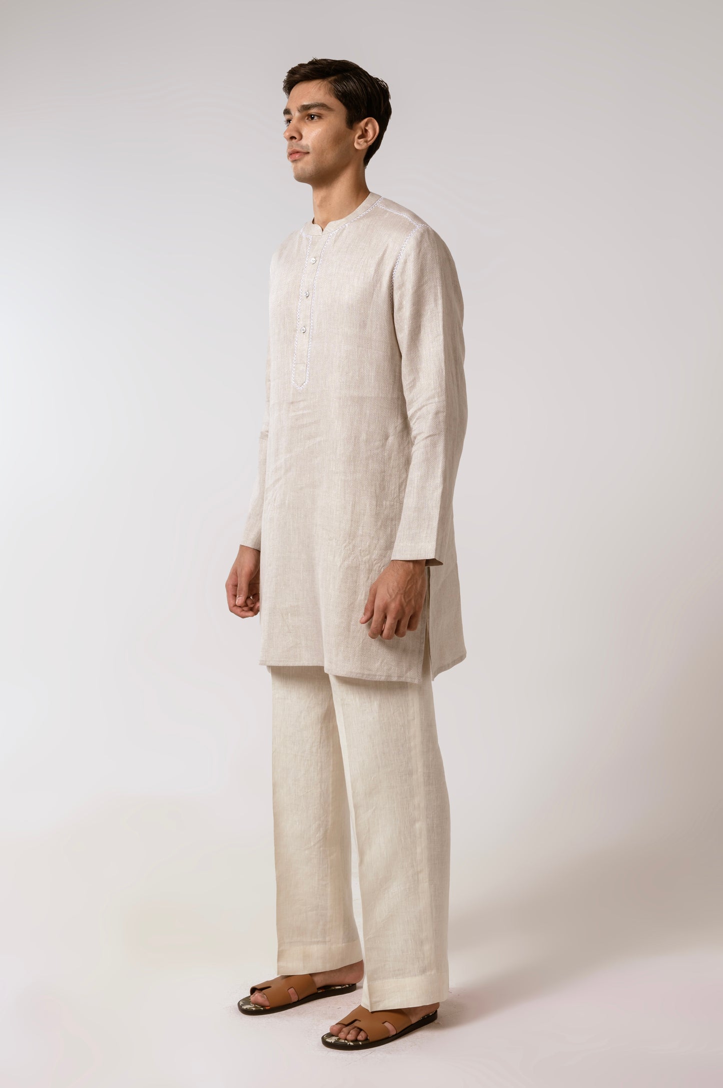Oatmeal Herringbone Linen Kurta Set