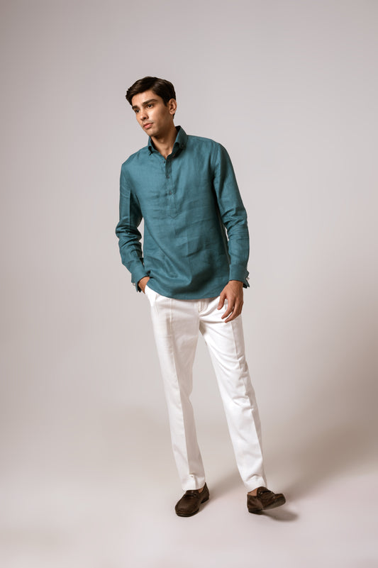 Pop Over Shirt In Diesel Blue Linen