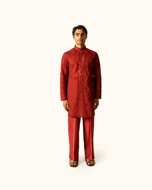 Red Embroidered Kurta Set in Silk Organza