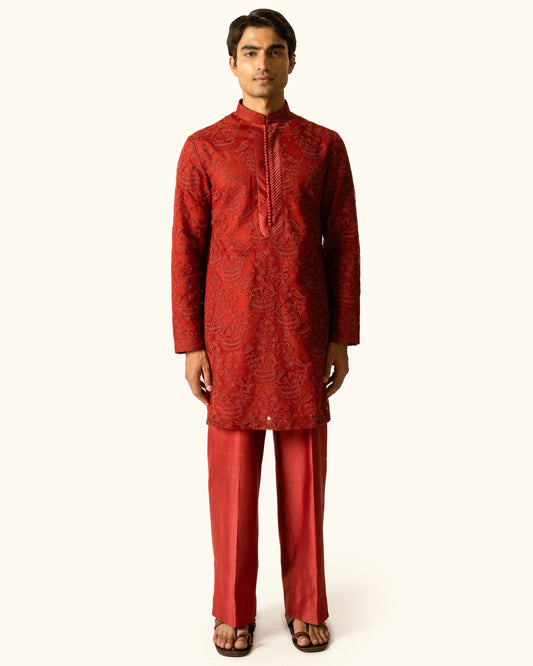 Red Embroidered Kurta Set in Silk Organza