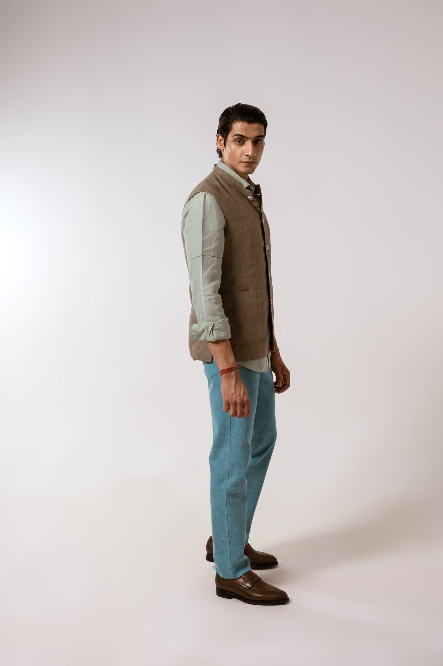 Safar Sadri In Olive Green Linen